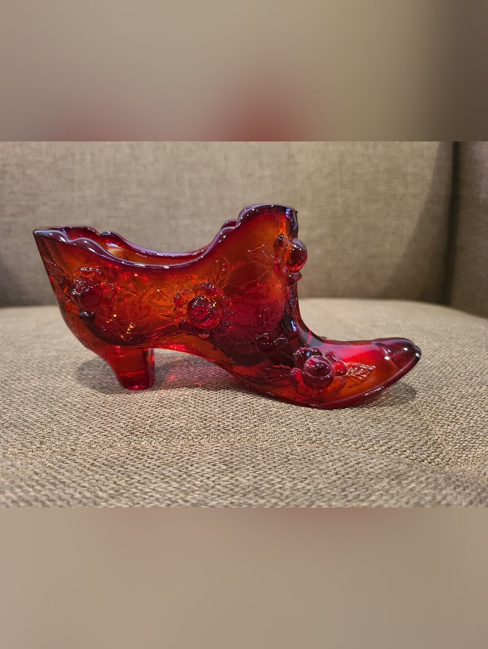 Vintage Fenton ruby red glass slipper figurine with an embossed cabbage rose